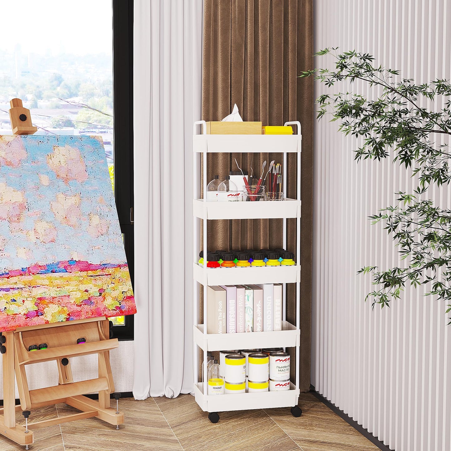 Buzowruil Rolling Storage Cart 5 Tier Organizer Mobile Shelving Unit Storage Rolling Utility Cart with Wheels for Kitchen Bathroom Laundry,White