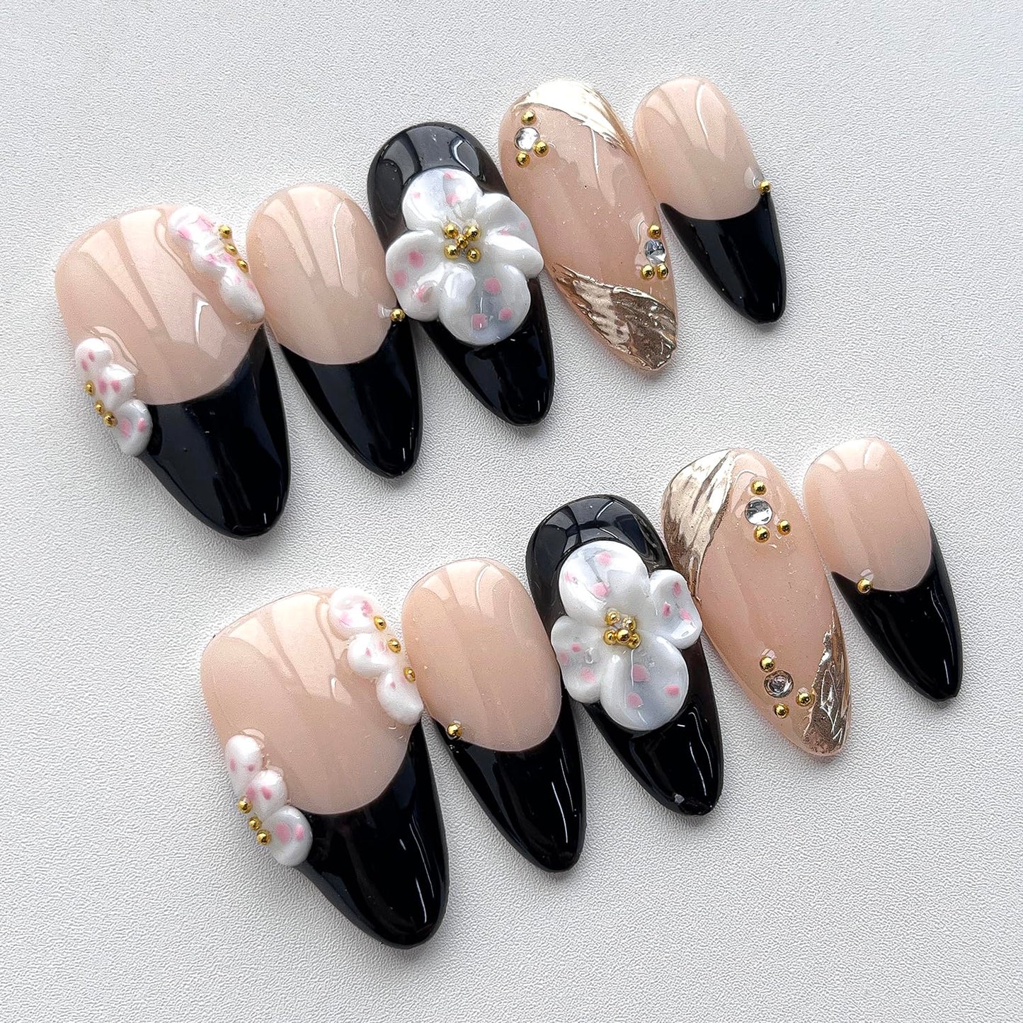 Handmade Press on Nails Almond Medium 3D Floral French Tip Thick Acrylic Fake Nails False Nails with White Flower Gold Curve Line Designs Black Sturdy Nail Art Press on Nails 10Pcs(S)
