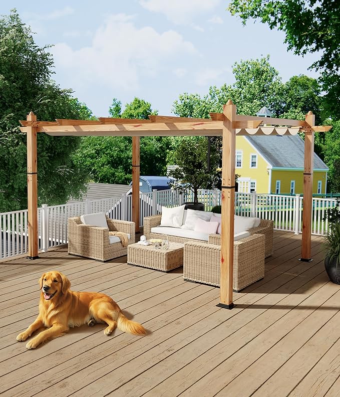 10 x 13 ft Aluminum Pergola with Adjustable Canopy, Outdoor Metal Pergola, Imitation Wood-Grain Sun Shade Shelter for Garden Patio Backyard Deck
