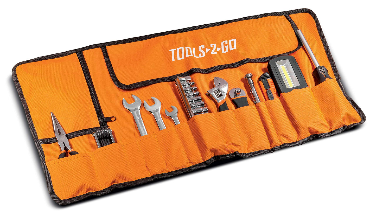Tools-2-Go Tool 83 Piece Set with Roll-Up Pouch, Wrenches, Pliers, Work Light, Sockets, and Bits for Motorcycle, Car, Truck, ATV - 240119