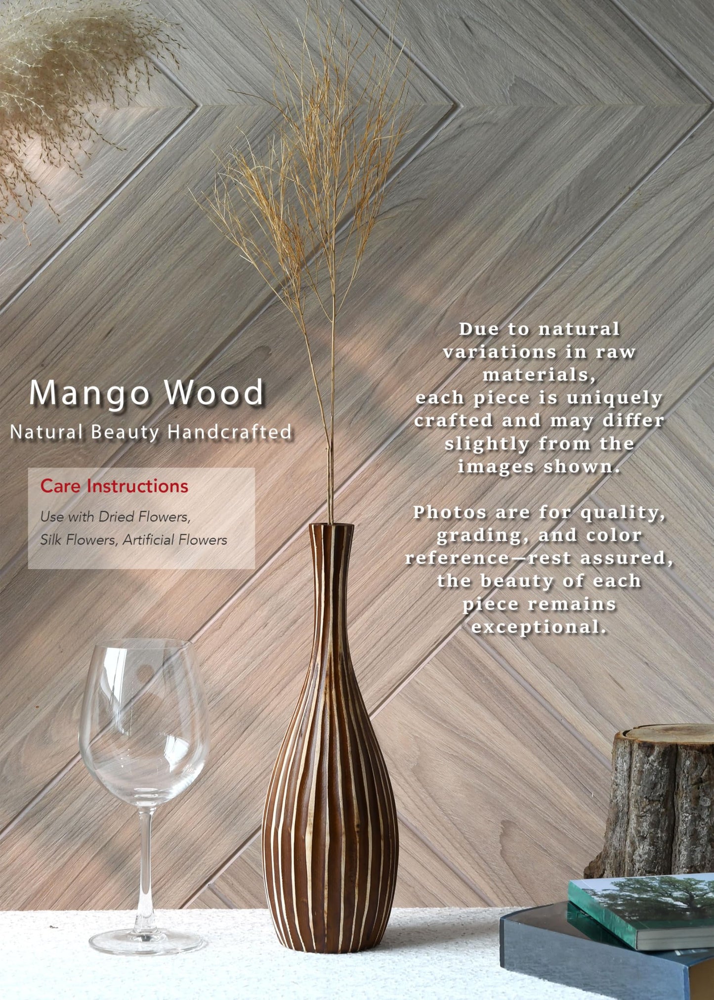AeraVida Hand-Carved Tall Teardrop Mango Wood Vase with Vertical Stripes | Handmade Eco-Friendly Decor for Dried or Silk Flowers