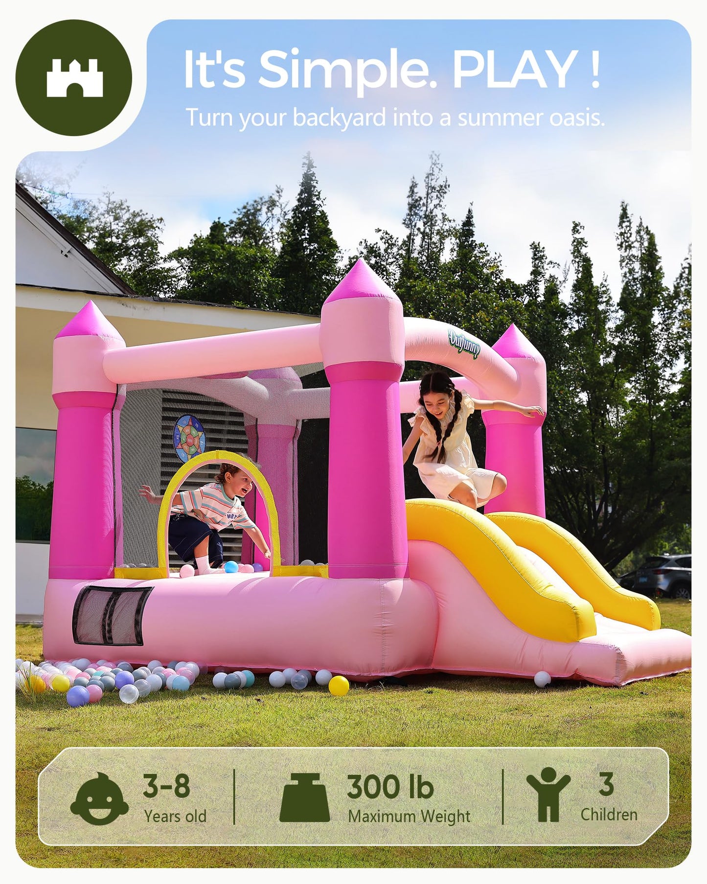 Outfunny Indoor Bounce House with Slide, Inflatable Bouncy House for Kids 3-8, Bounce Area 6'x6', Capacity 300 lb - Pink