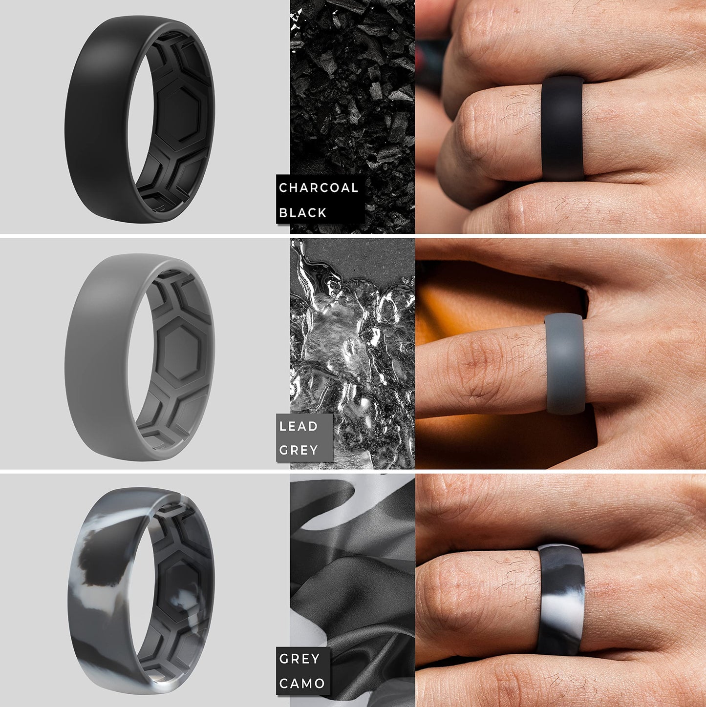 ThunderFit Men's Patterned Silicone Rings, 8mm Wide 2.2mm Thick Rubber Bands,Variety Multipack 1,4,7
