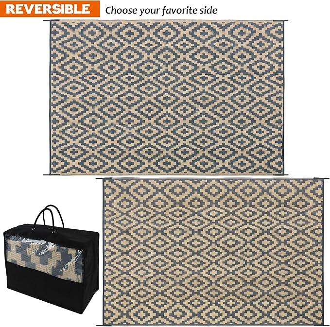 SAND MINE Reversible Mats, Plastic Straw Rug, Modern Area Rug, Large Floor Mat and Rug for Outdoors, RV, Patio, Backyard, Deck, Picnic, Beach, Trailer, Camping (8' x 10', Grey Tan Lattice)