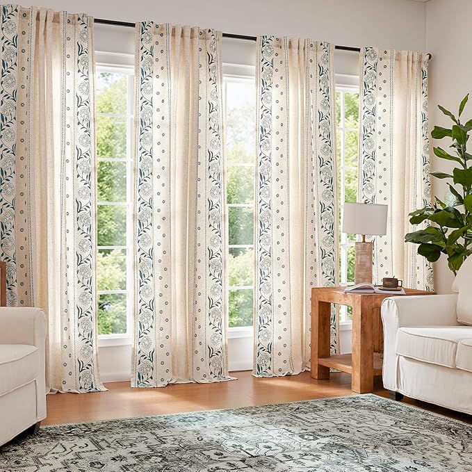jinchan Winslow Lined Linen Curtains for Bedroom 84 Inches Linen Blended Embroidered Bordered Floral Curtains for Living Room Farmhouse Decor Window Treatments Blue on Beige Drapes 2 Panels