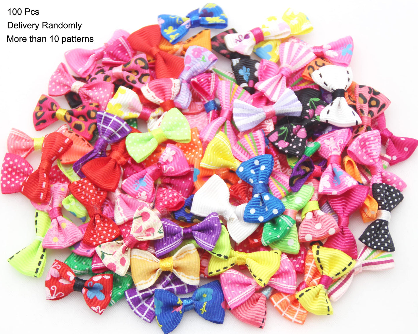 100Pcs Mix Style Mini Satin Ribbon Bows Ties Grosgrain Tiny Bows Little Bowknot Flower Embellishments for Craft Projects, Card Making, Sewing, Gift Wrapping (Colorful)