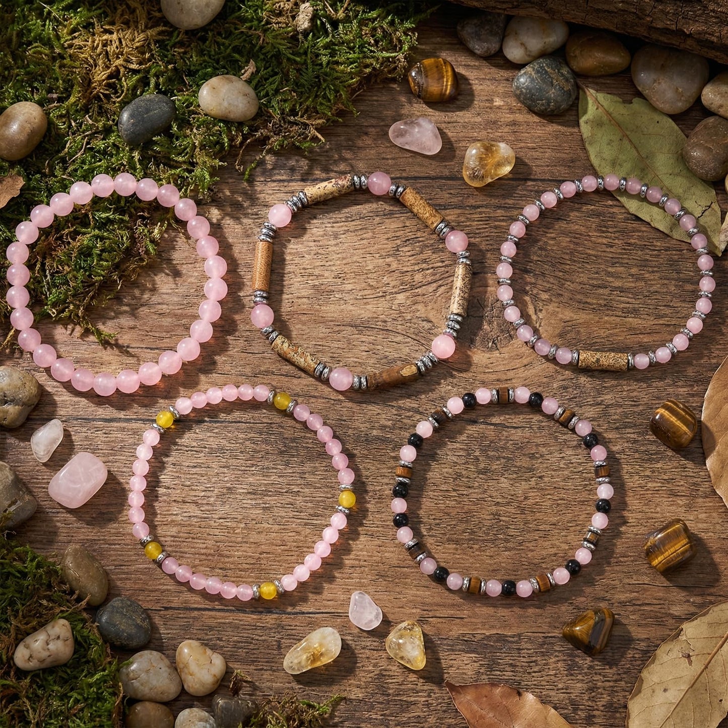 SHINUS BOHO Rose Quartz Beaded Stack Bracelet for Women,Natural Pink Crystal Beads Boho Multi-Layer Stretch Bracelet, Stackable Tiger Eye Picture Jasper Jewelry Gift for Her Love Harmony