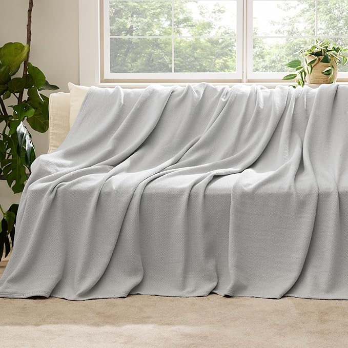 Bedsure 100% Cotton Large Throw Blanket for Couch 50x70 inches - Breathable and Lightweight, Soft Cozy Herringbone Woven Blanket for Summer Spring, Grey