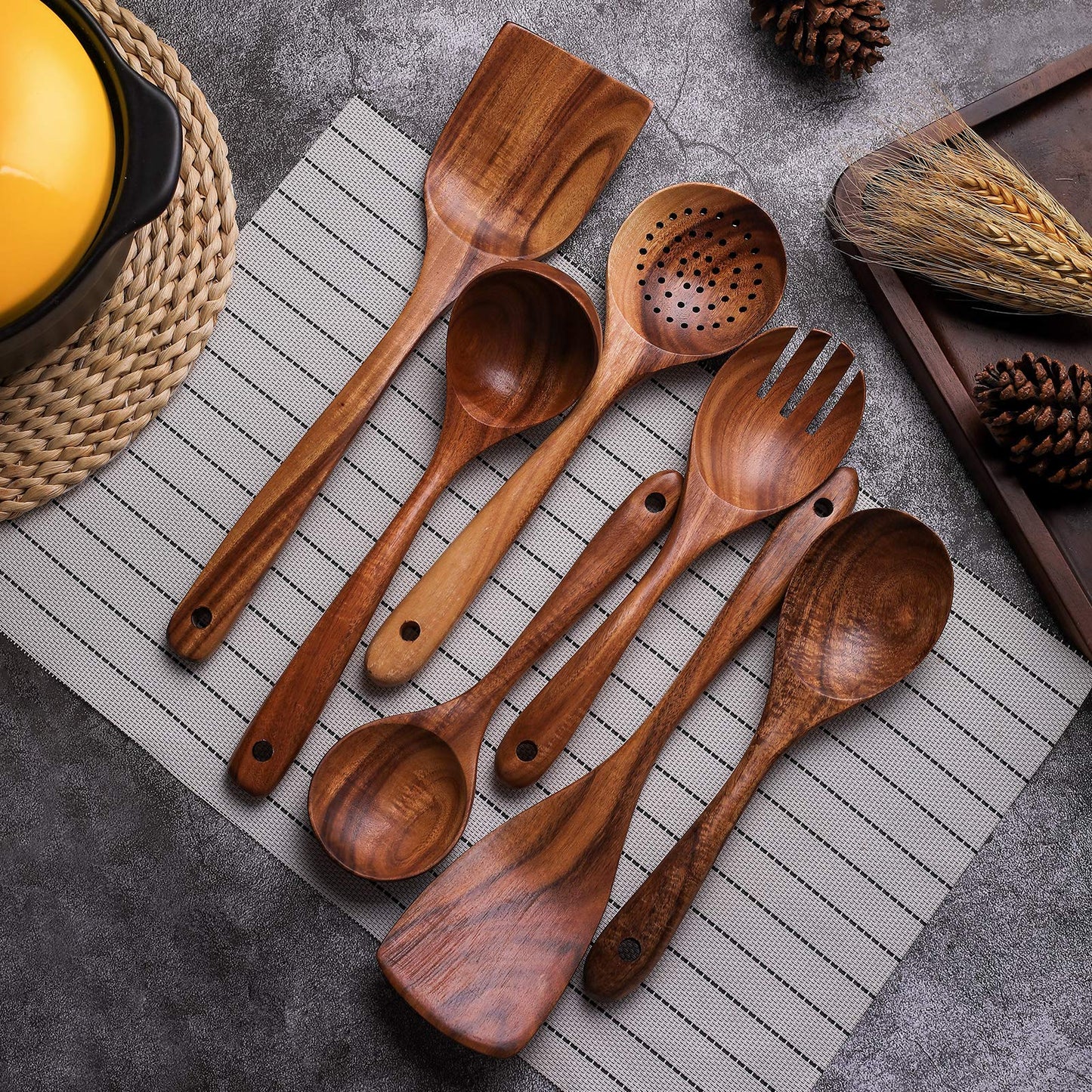 Wooden Non-Stick Kitchen Pan Toolset 7 Pieces Set, Natural Kitchen Utensils Spatula, Wooden Cooking Utensils Spoons, Fried Spatula and Salad Fork