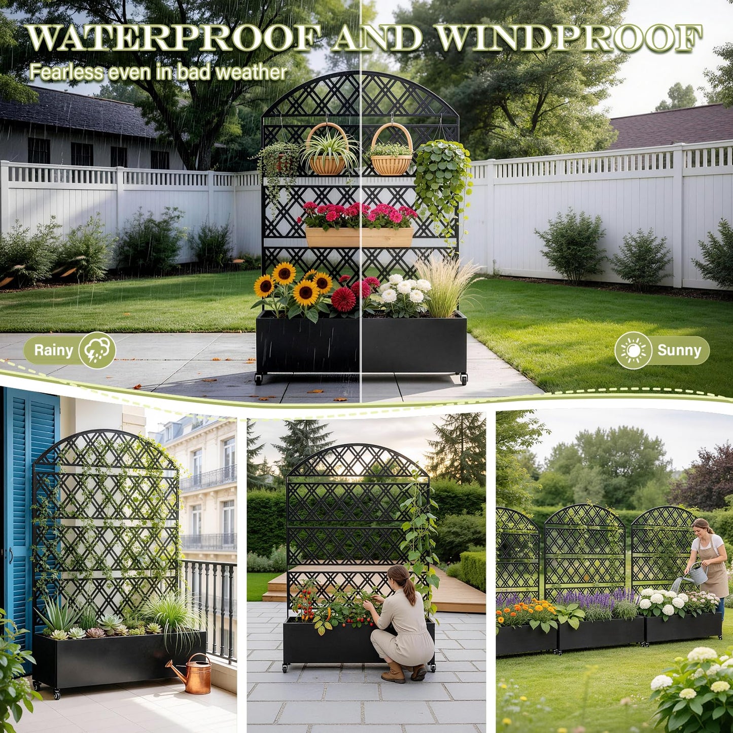 Metal Planter Box with Trellis Raised Garden Bed on Wheels Galvanized Steel Privacy Screen for Patio,Large Self-Watering Container with Drainage Holes for Climbing Plants Vegetables Flowers (Dome)