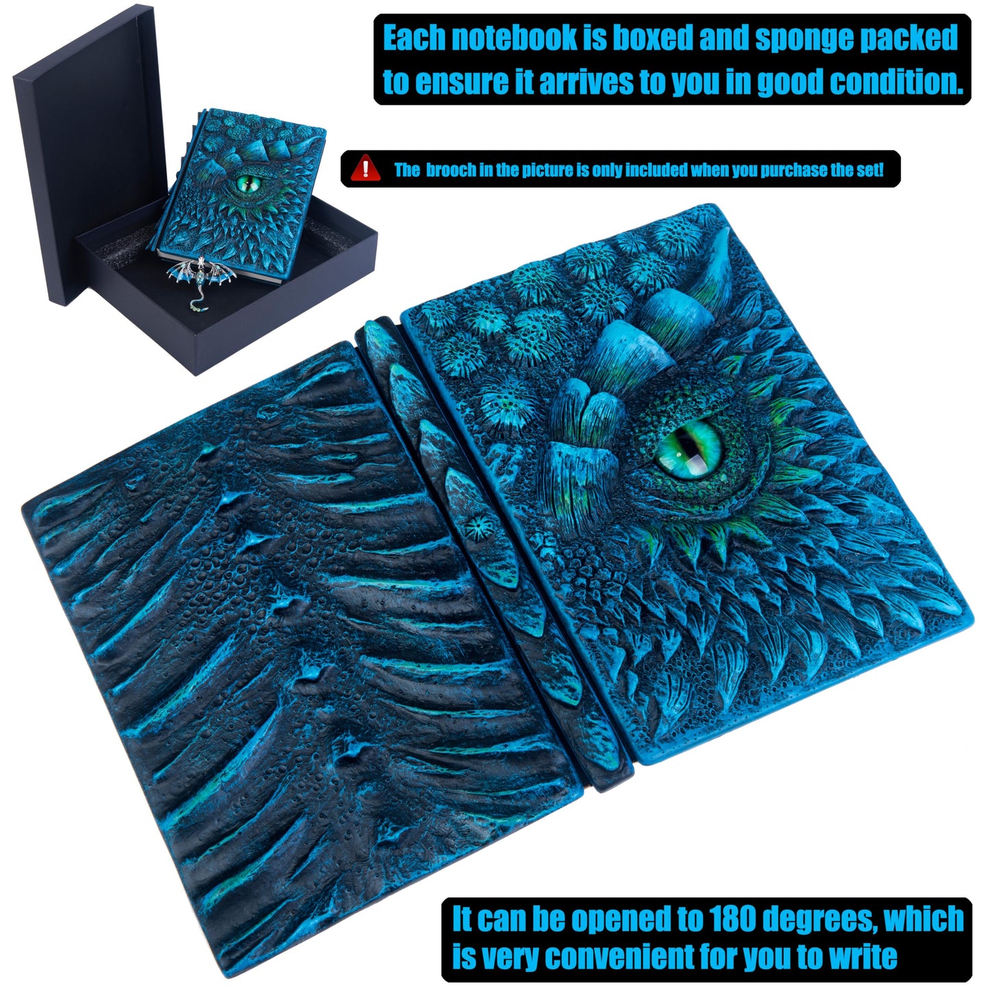 3D Dragon Eye Embossed Journal,Resin Engraving Notebook,Dnd notebook for Dragon Lovers ，Blank Paper,Hardcover Travel Notepad for Writing,Sketchbook,Collection,Gift,Decoration A4 and A5 Size (A5-Blue-Lined-Brooch)
