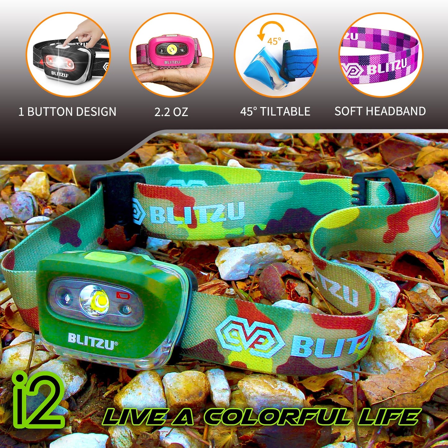 BLITZU Led Headlamp Flashlight for Adults and Kids. Super Bright Outdoor Headlight Headlamps. Head Lamp with Red Safety Light Great for Running, Camping, Reading, Hiking at Night Time CAMO