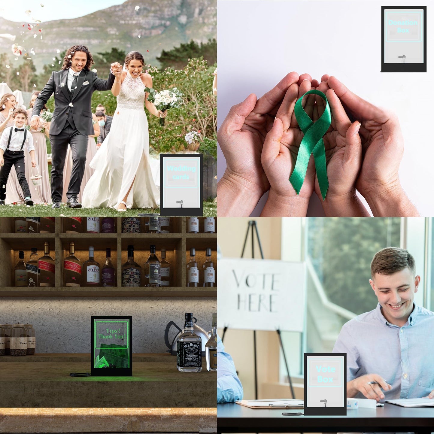 HEMYLU Tip Jar with 2 Sign Holders, LED Light & Lock for Bar & Party, Donation Box with Sign Holder ''Tips! Thank You!'', Suggestion Box with DIY Blank Sign Holder for Getting Cards, Voting & Ballots