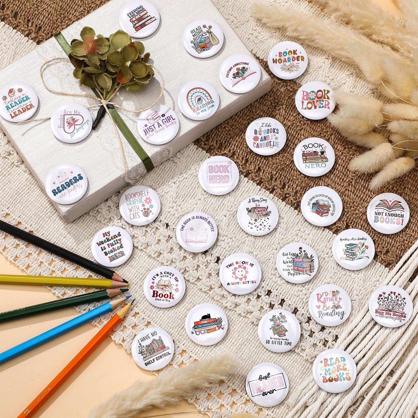 Suncalla 60 Pcs Bookish Pins Book Lover Skull Spooky/Flower/Boho Graduation Gift Buttons Pins for Backpacks with Secure Back for Bookworms, Librarians & Readers Students, Educators(Boho)
