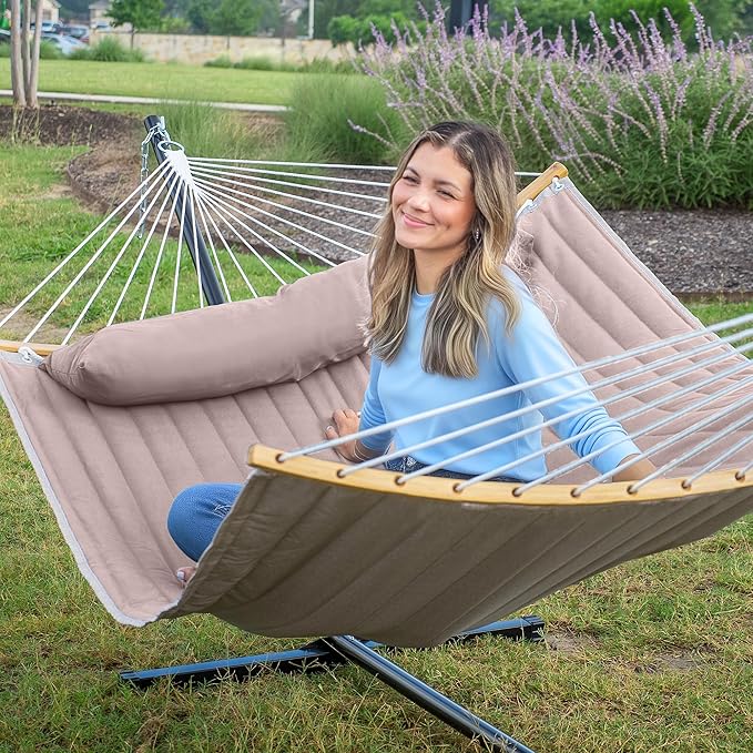 Double Hammock with 12 FT Stand, 2 Person Curved Bar Hammock with Stand, Pillow and Portable Carrying Bag, Heavy Duty 450lbs Capacity, Tan
