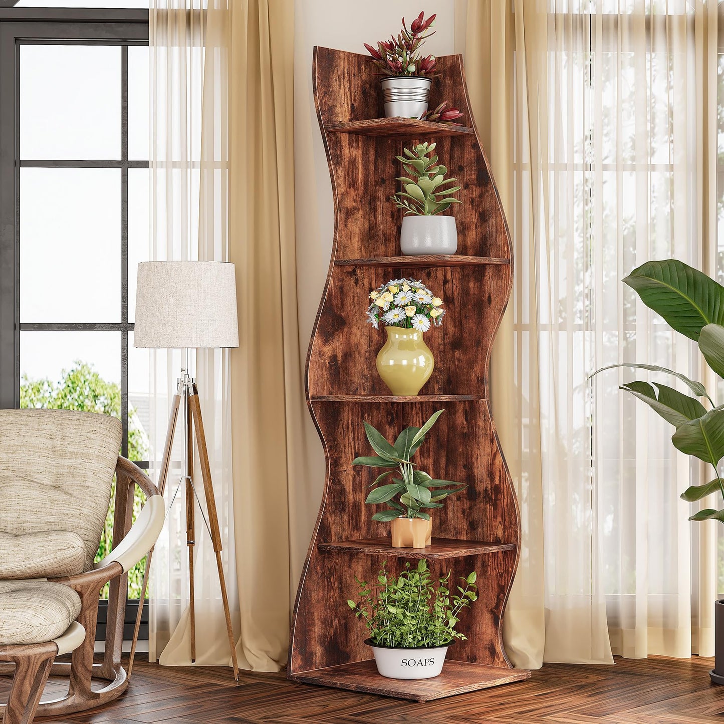 LITTLE TREE Small Corner Shelf, Modern 5-Tier Wall Corner Bookshelf, Stylish Bookcase Storage Rack for Small Space, Living Room, Bedroom