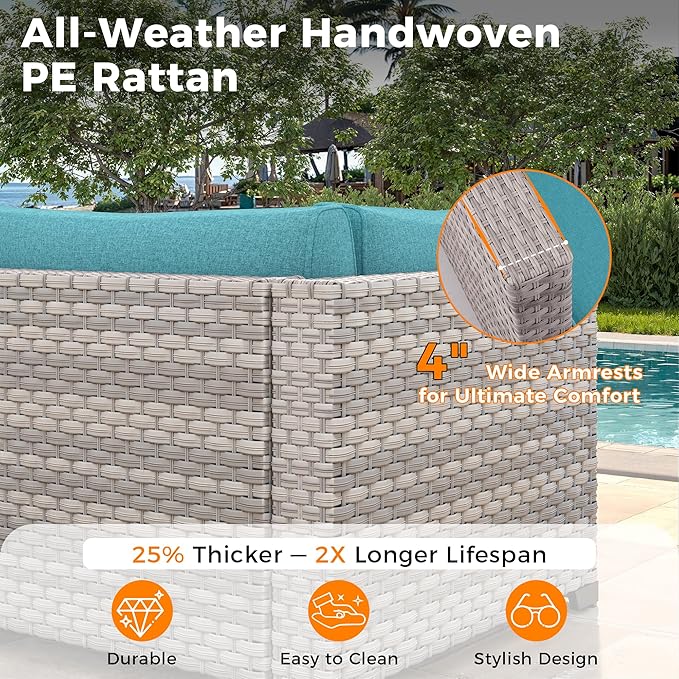 14-Seat Outdoor Wicker Patio Furniture Set with Fire Pit Table, Modular Rattan Sectional Sofa & 2 Swivel Rocking Chairs, 4" Thick Cushions, Rust-Resistant Frame,Blue