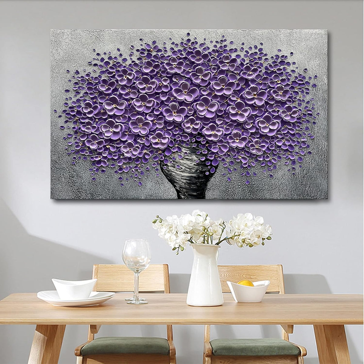 Epicler art hand-painted purple 3D flower decorative oil painting, flower wall decorative frame wall Art, modern Art living room, bedroom, office, hotel restaurant wall Art 28x40 inch