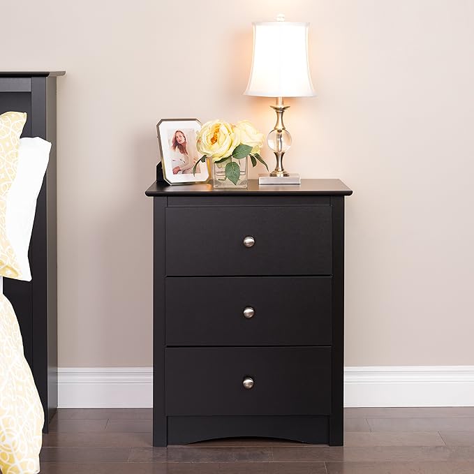 Prepac Sonoma Traditional Tall Nightstand Side Table with 3 Drawers, Functional Tall 3-Drawer Bedside Table 16" D x 23" W x 29" H, Black, BDC-2403