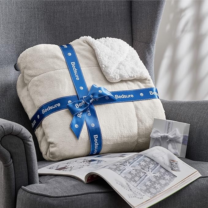 Bedsure Sherpa Fleece Blankets Queen Size for Bed - Thick and Warm, Soft Fuzzy Plush Queen Blanket for Winter, Linen, 90x90 Inches