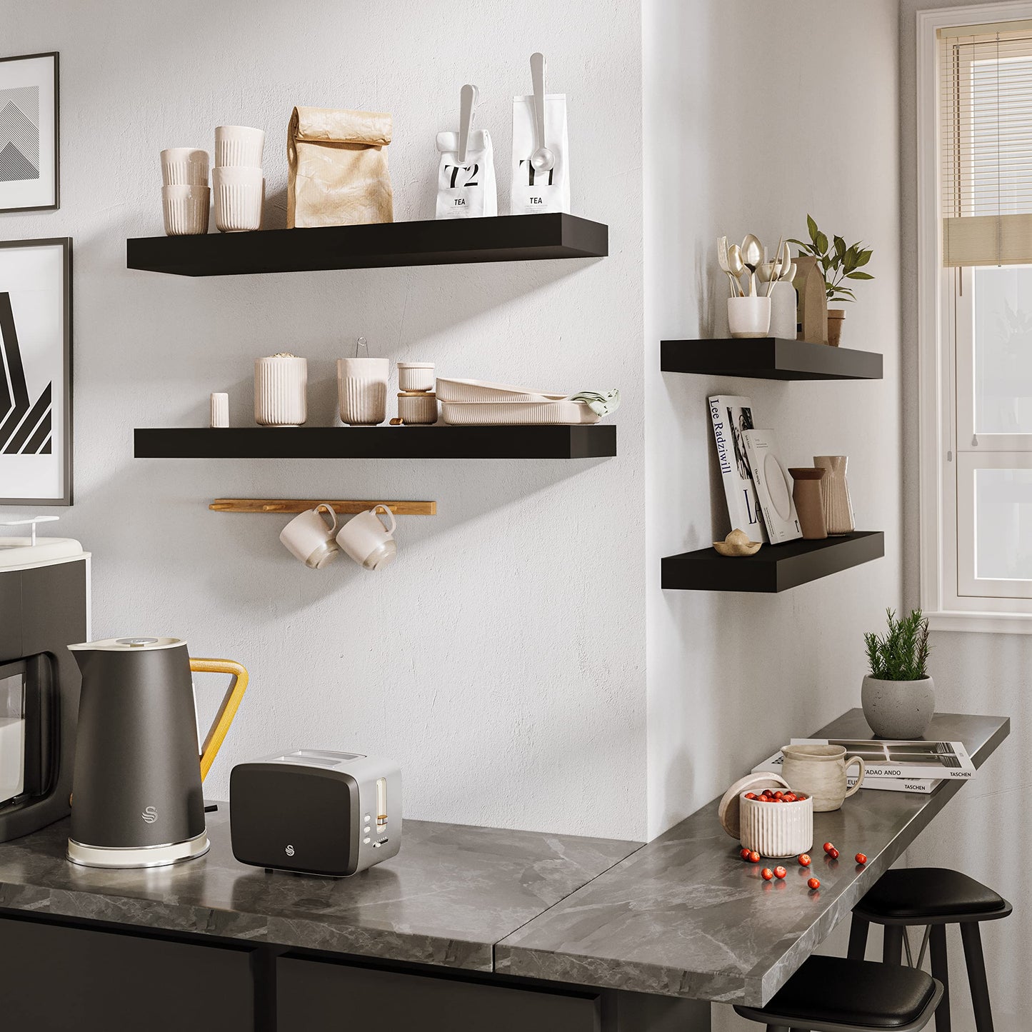 BAMEOS Floating Shelf,24 in Wall Shelf,Decor Wall Mounted Shelves,Hanging Shelf Set for Bathroom Kitchen Living,Kitchen,Room Bedroom Storage,Black