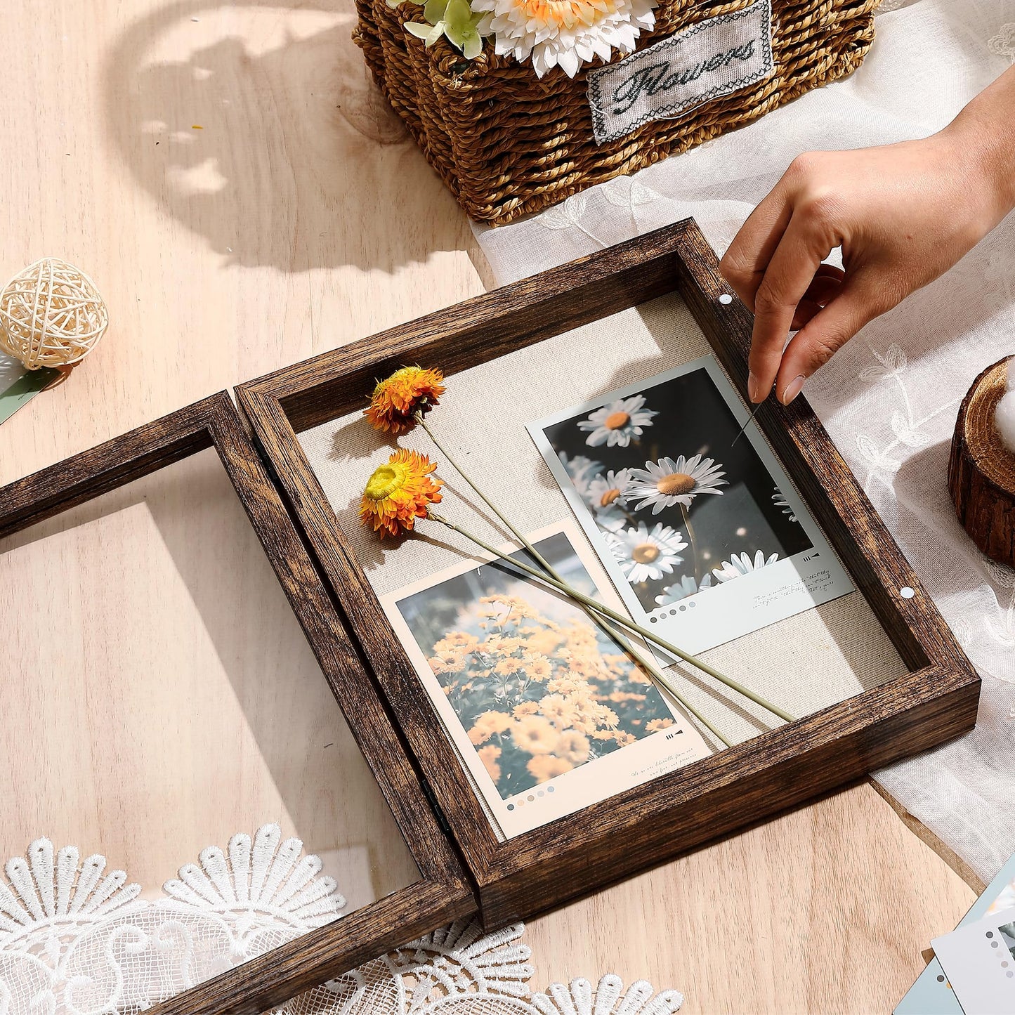 8x10 Shadow Box Frame with Linen Back - Real Glass, Push Pins Included, Sturdy Rustic Memory Display Case, Fits 6.8x8.8 Inserts