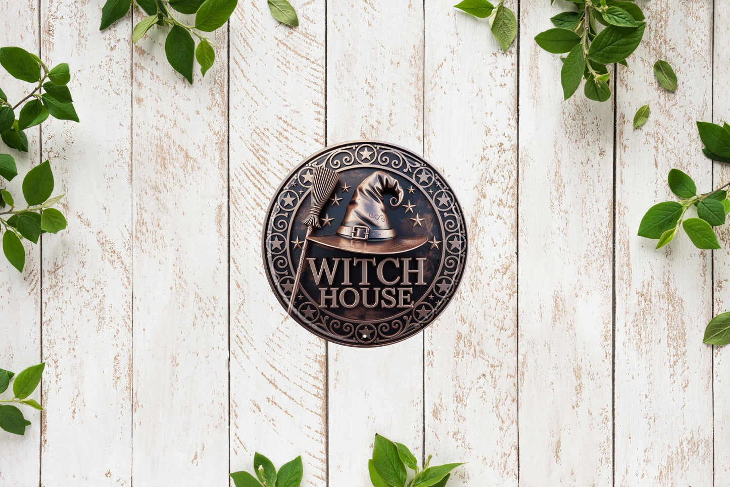 AWISZZZ Witch House Magic Metal Sign 8x8in Round Halloween Plaque for Porch Wall Decor Spooky Gift