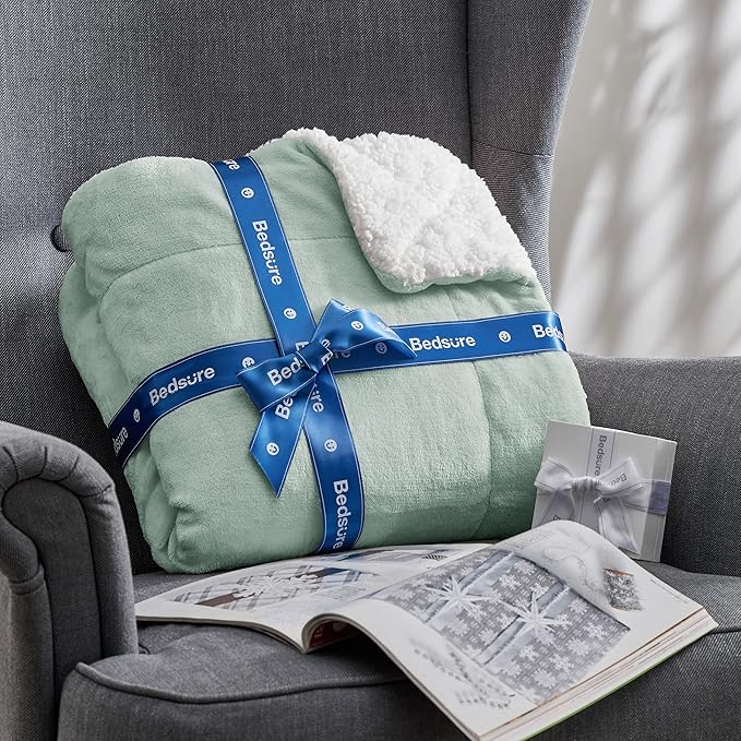 Bedsure GentleSoft Sherpa Fleece Blankets Queen Size for Bed - Thick and Warm, Soft Fuzzy Plush Queen Blanket for Winter, Sage Green, 90x90 Inches