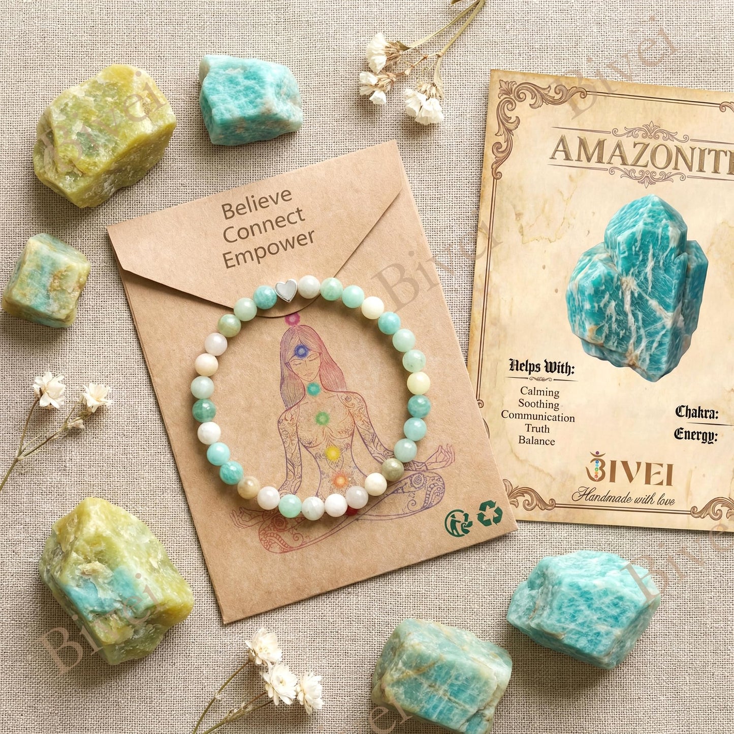 Bivei 6mm Amazonite Crystal Stretch Bracelets for Women, Handmade Natural Stone Beaded Bracelet, Yoga Protection Jewelry Gift