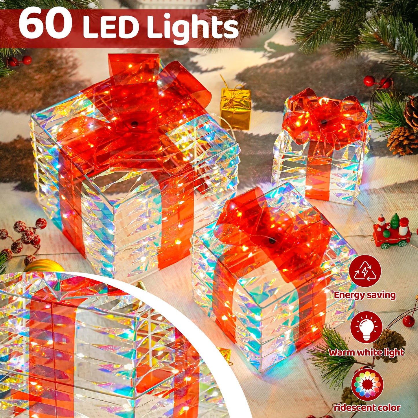 LAWOHO Christmas Lighted Gift Boxes Set of 3 Iridescent Present Boxes with Bow-Knot Battery &USB Powered Light up Box Decorations for Christmas Home Indoor Outdoor Holiday Decoration