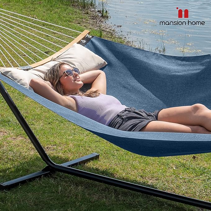 2 Person Hammock with Stand Included, Quick Dry Hammock with Curved Spreader Bars for Outside, Poolside, 450 Lbs Capacity, Dark Blue