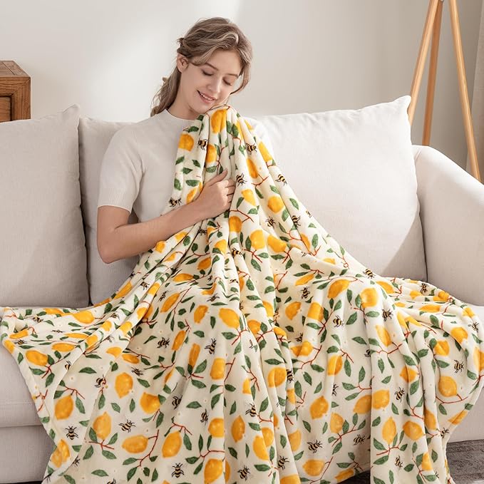 Berkshire Blanket-Classic Heavyweight Soft Printed VelvetLoft® Plush Throw Blanket, Cozy and Fuzzy, Lemons and Bees Yellow, 50in x 70in