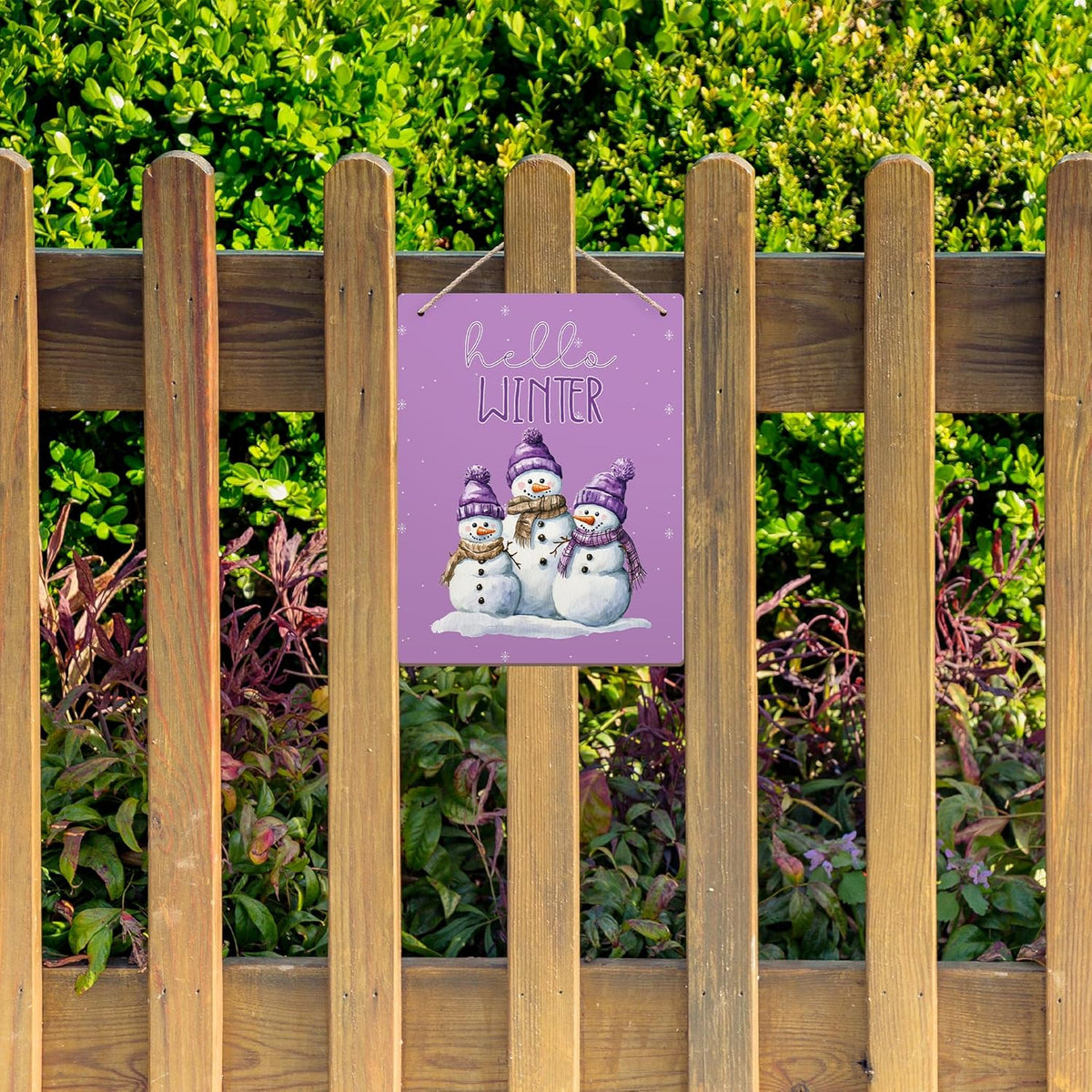 Purple Hello Winter Snowman Hanging Wooden Signs 10x8, Snowman Winter Signs, Winter Door Sign, Purple Snowman Winter Snowflakes Home Room Office Hanging Wall Decor