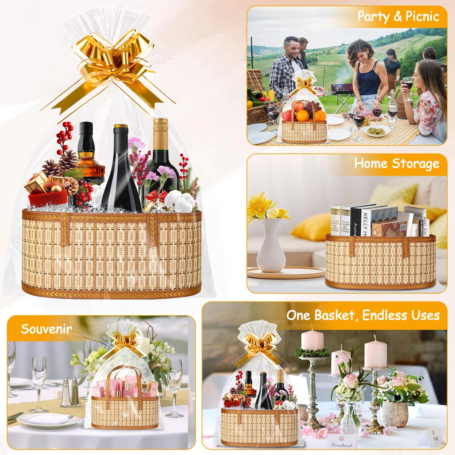 Leevcok 3 Set Baskets for Gifts Empty, Large Bamboo Gift Basket with Handle, Foldable Reusable Decorative Woven Basket for Christmas, Baby Shower, Mother's Day, Housewarming, Wedding
