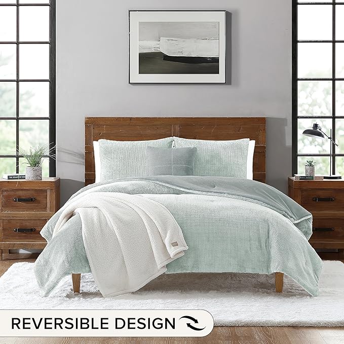 UGG Remina Comforter Set 5 Piece Bed in a Bag with Throw Blanket, Decorative Pillow, Shams, and Reversible Comforter Hypoallergenic Washable Luxury Fluffy Bedding, Full/Queen, Blue Green Clear Creek