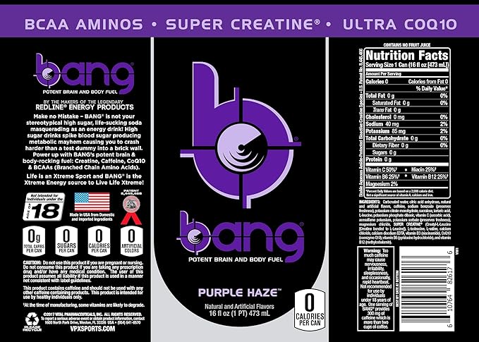 Bang Energy Purple Haze, Sugar-Free Energy Drink, 16 Ounce (Pack of 12)