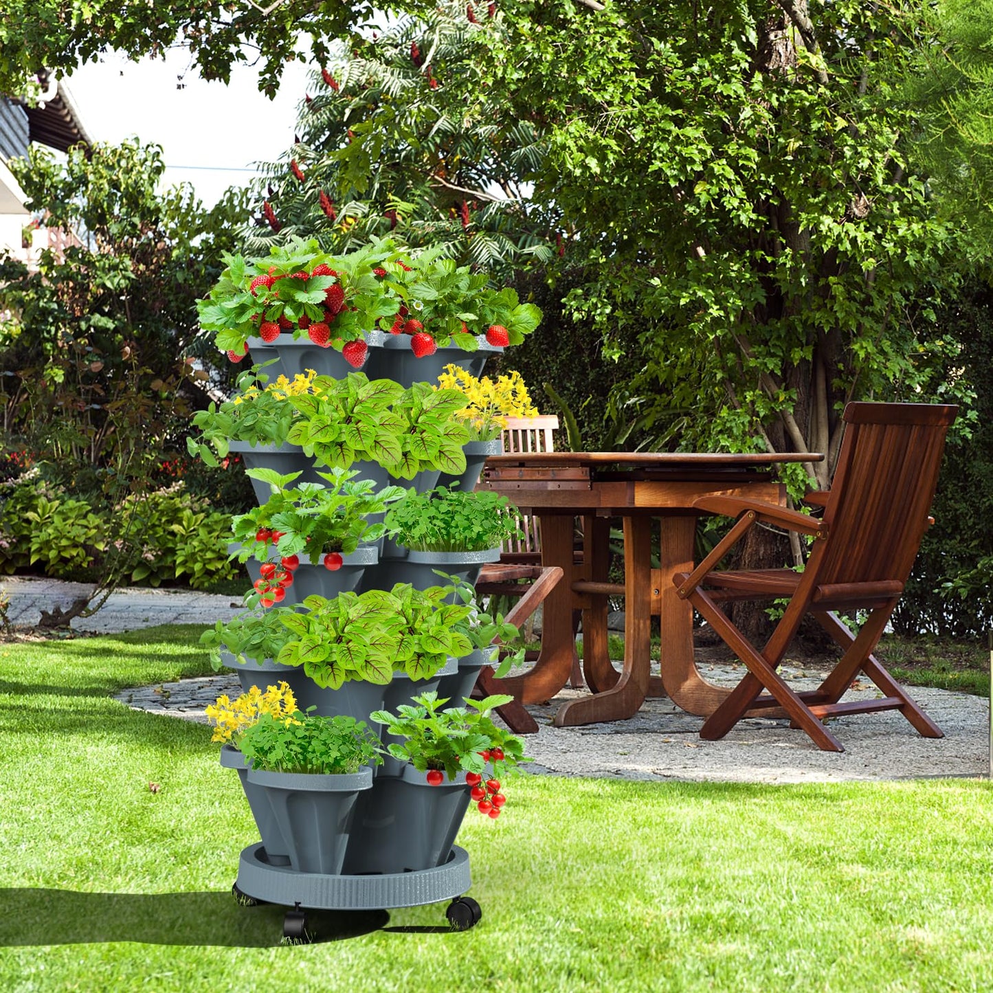 Tectsia Strawberry Vertical Planters Tower Garden 3 Pack, 7 Tiered Stacking Herb Vegetable Planter with Support Pole Indoor and Outdoor - Dark Grey