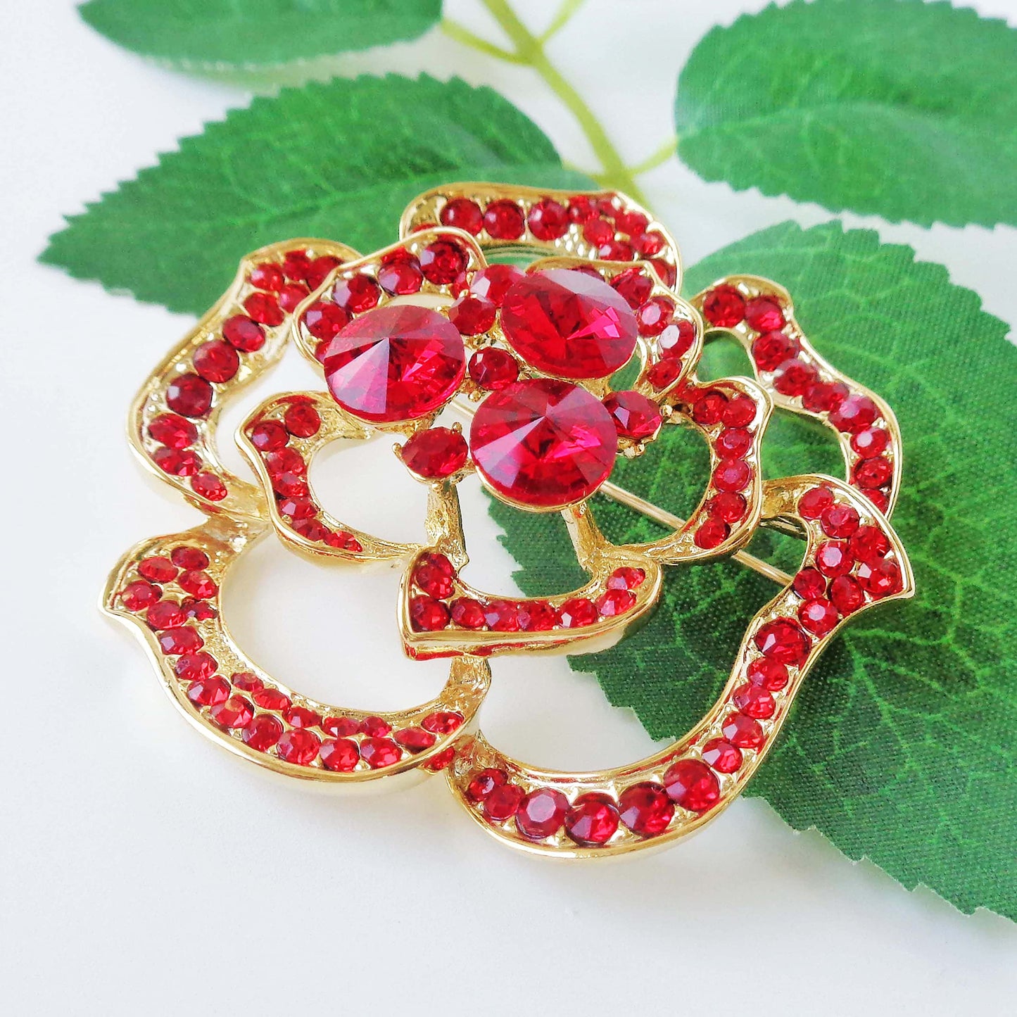 Navachi 18k Gold Plated Red Crystal Blooming Rose Flower Az7436b Brooch pins