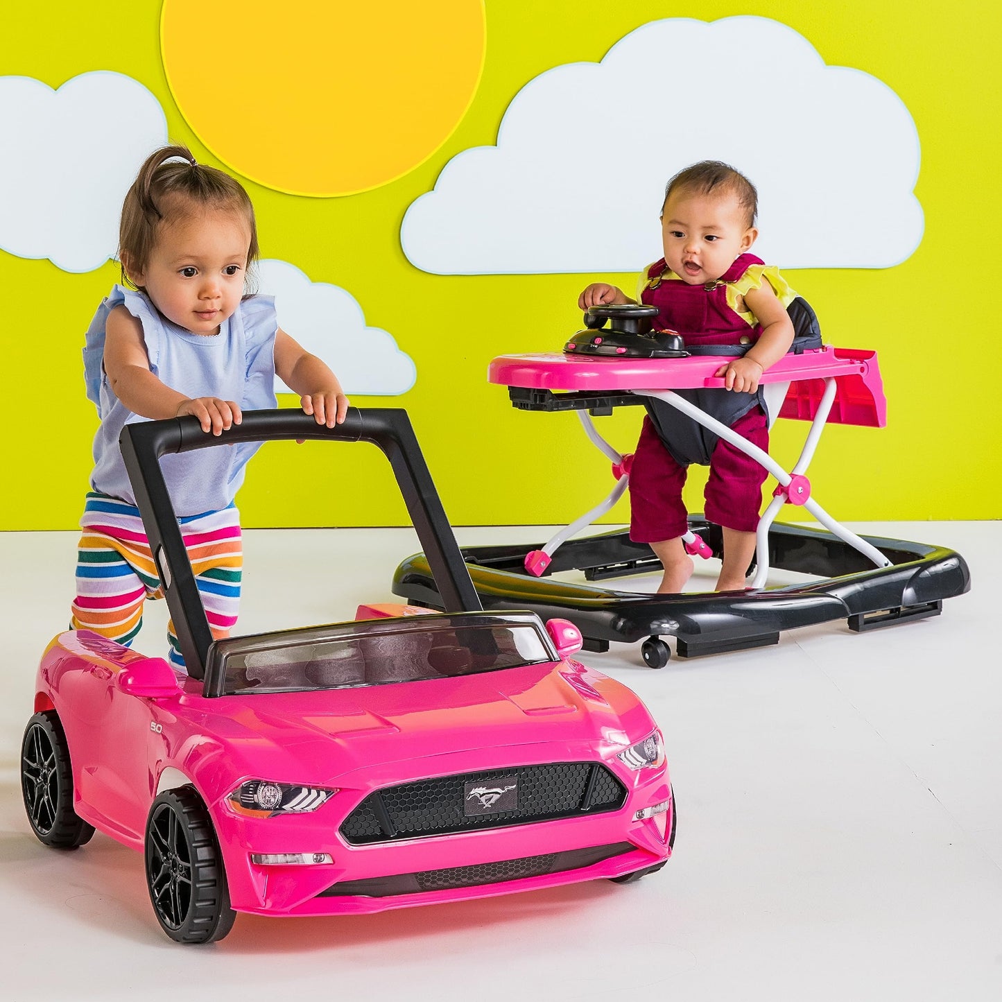 Bright Starts Ford Mustang 4-in-1 Pink Baby Activity Center & Push Walker with Removable Interactive Steering Wheel -Toy, 6 Months and up