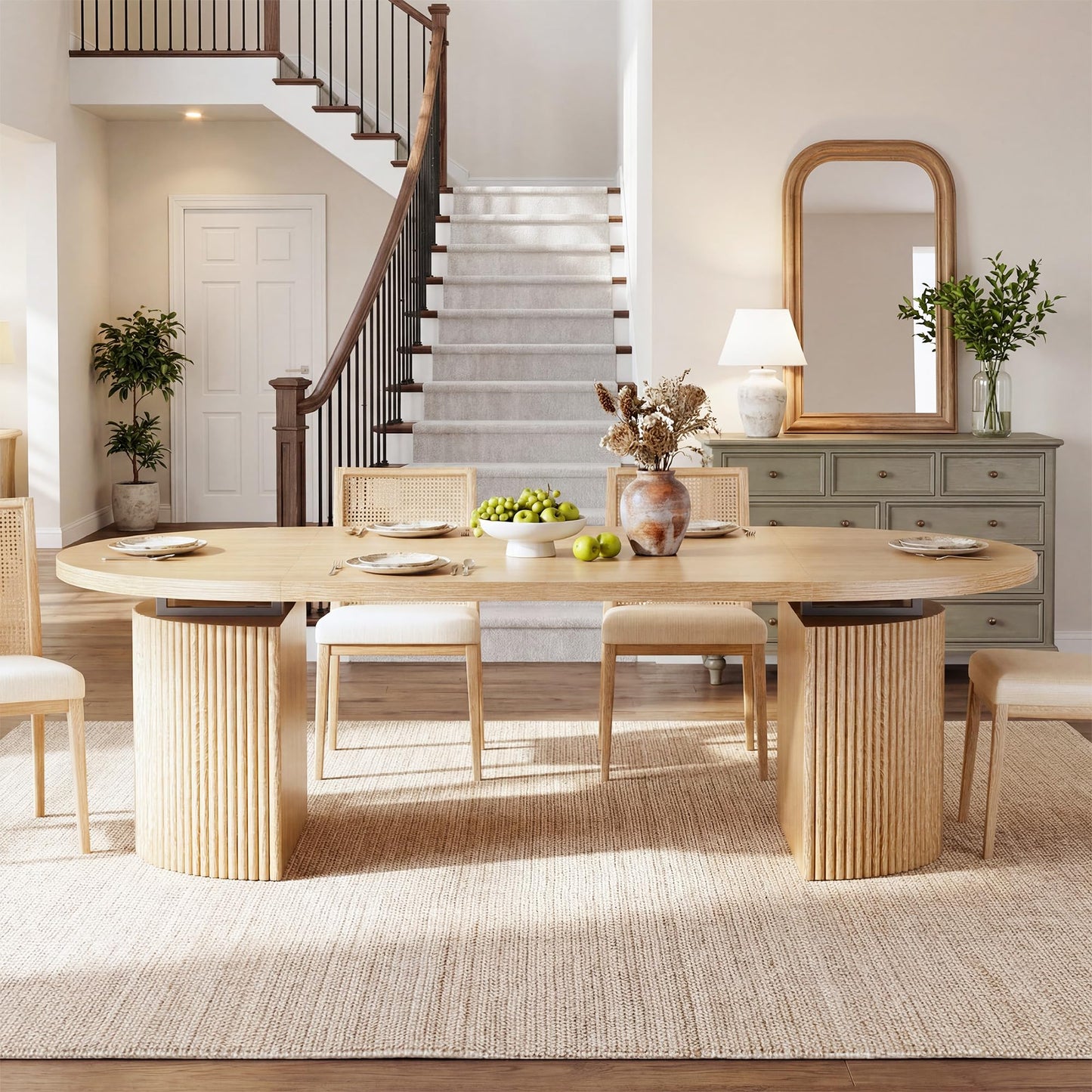 HUAHUU Extendable Round Dining Table for 4-8, 39in-77in Long Large Kitchen Table with Fluted Base, Space Saving Modern Farmhouse Oval Dinner Tables for Dining Room, Kitchen, Living Room, Natural