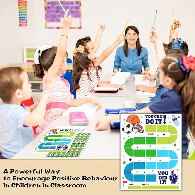 10 Sports Reward Chart with 216 Round Stickers, Incentive Behavior Chart for Kids at Home Classroom, Kids Routine Daily Chore Sticker Chart-A14