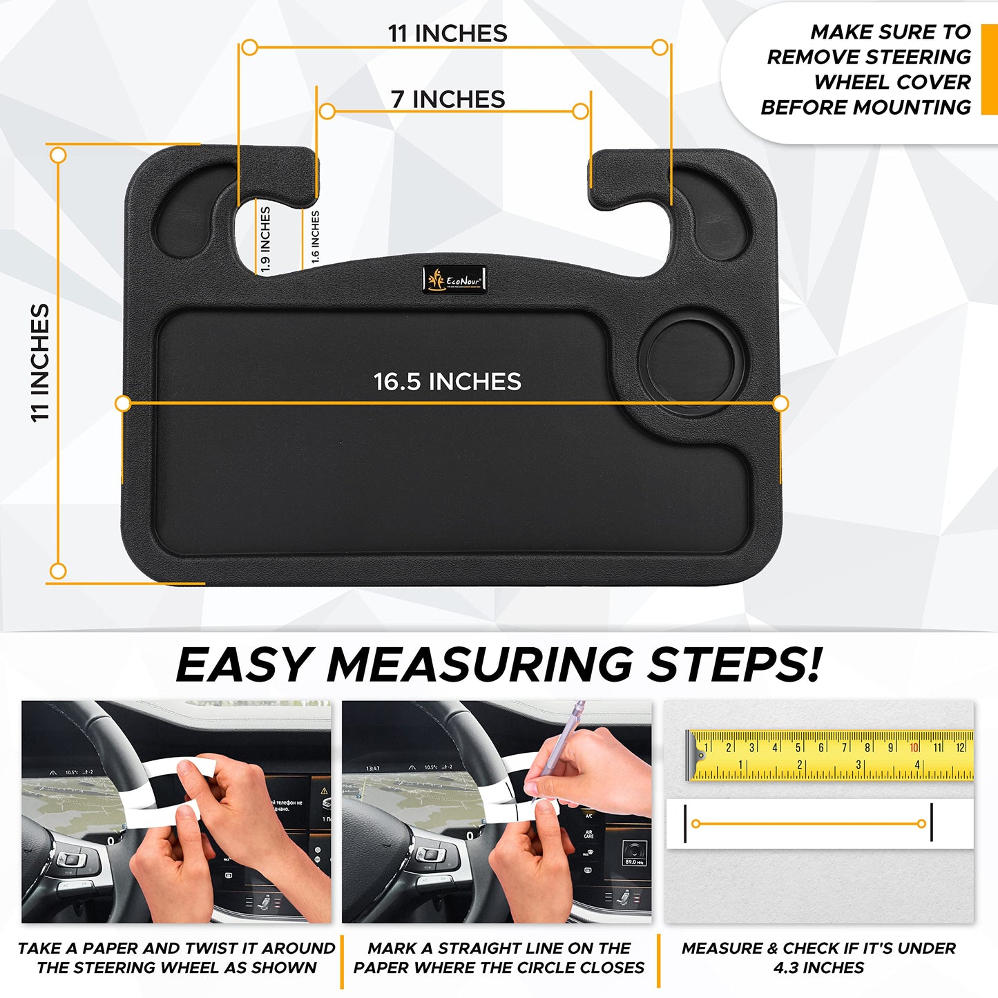 EcoNour 2 in 1 Car Steering Wheel Desk | Tray for Laptop Car Mount with Pen Holder | Desk Console for Car | Food Tray for Eating with Drinks Holder | Multipurpose Travel Car Accessories