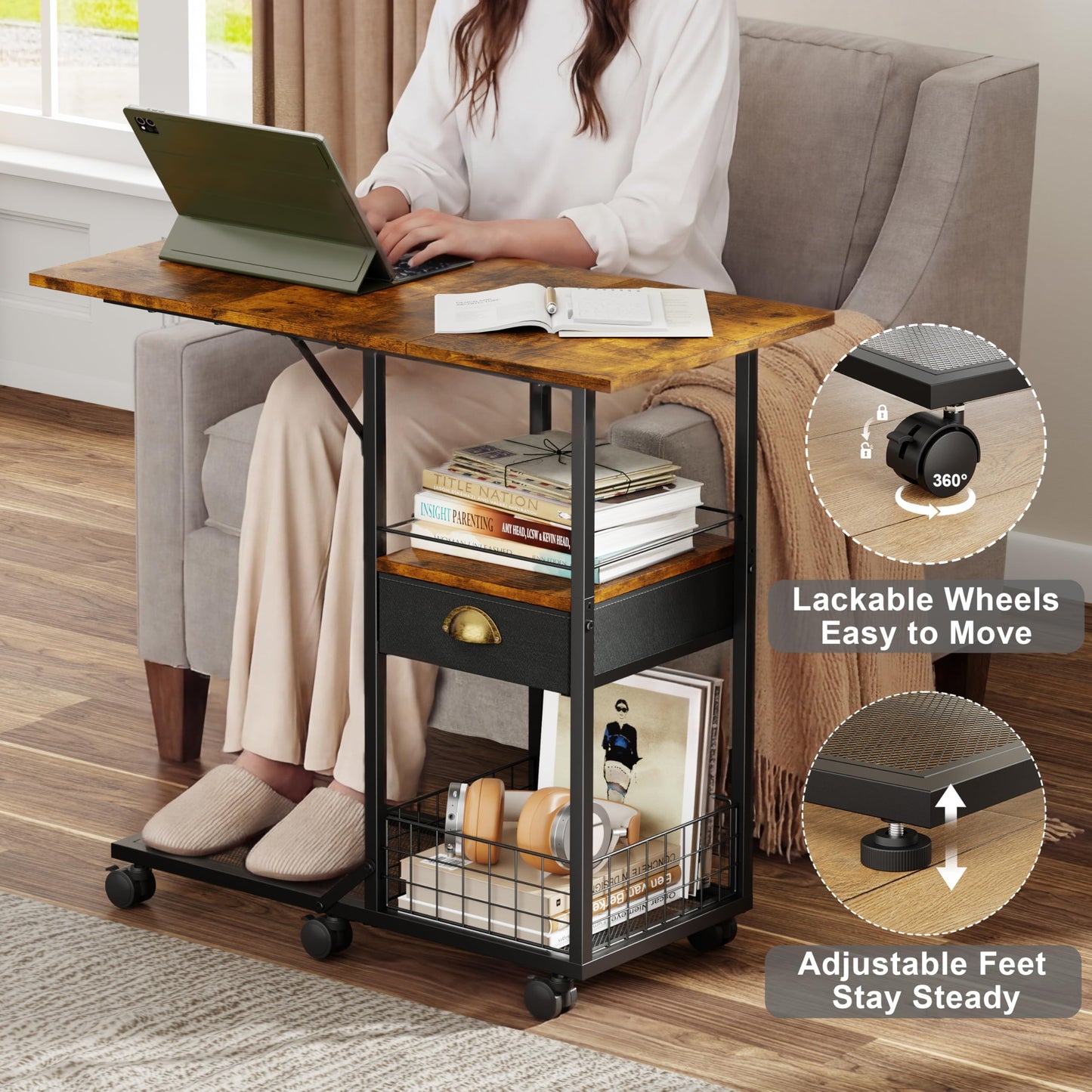 Rolling Coffee Table with Oversized Double-Wide Wood Top, Mobile Tv Tray with Storage Drawer and Wheels for Sofa, Portable Side Table for Living Room, Home Office, Spacious Desk for Working Studying