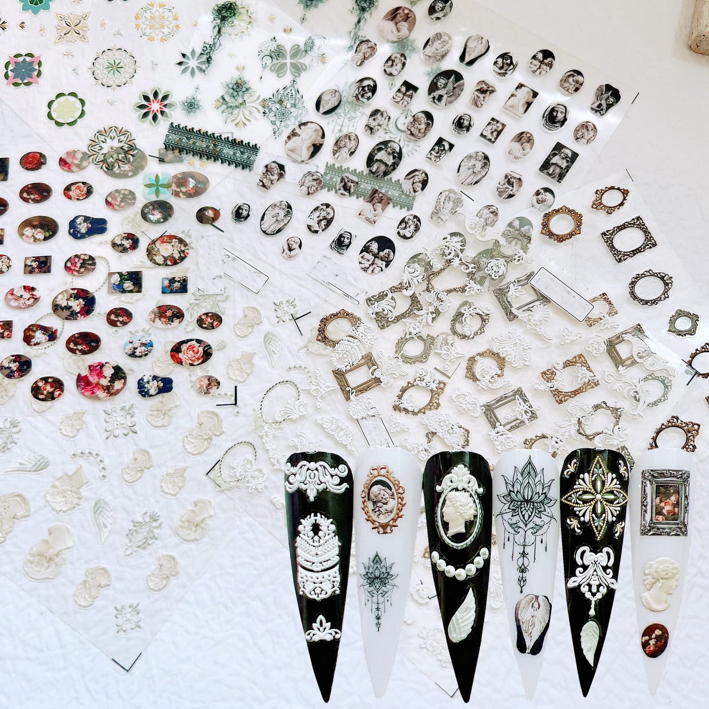 NAIL ANGEL 7Sheets Nail Art Adhesive Sticker Sheet 3D White Wedding Frame Shapes Nail Art Decoration 10310