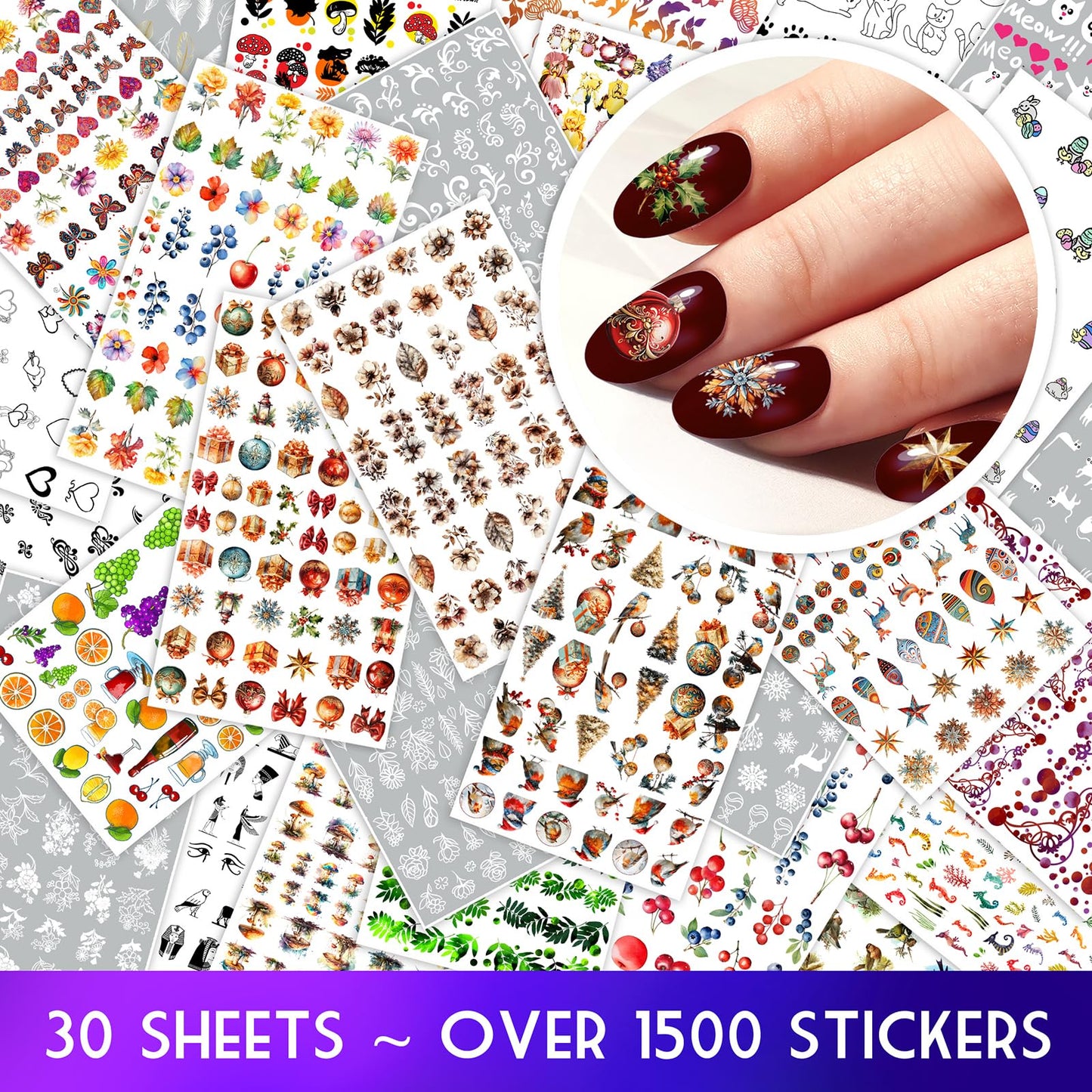 30 Sheets Nail Stickers Collection ~ Classic Christmas Charm ~ Ornaments Holly Snowflakes Gifts Winter Florals and Festive Motifs in Rich Detailed Style Creating Elegant Holiday Manicure Decals