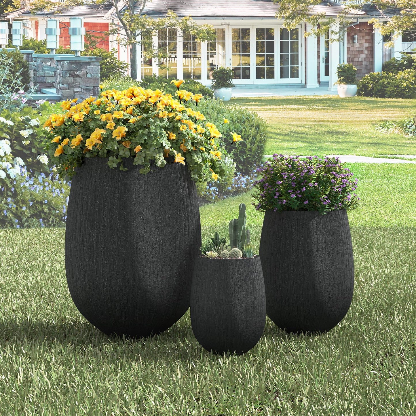 GDFStudio Lightweight MgO Egg-Shaped Planter Set of 3 Large Indoor Outdoor Plant Pots with Drainage Hole & Rubber Plug, Stone Texture Round Flower Pots for Patio Balcony Garden Lawn Poolside, Black