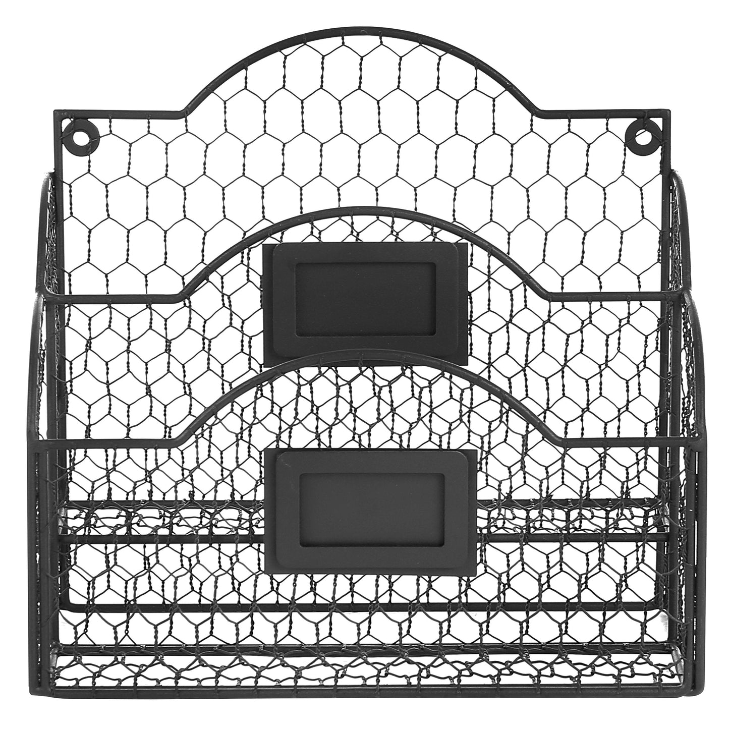 MyGift Metal Wire Basket Desk Organizer, 2 Compartment Inbox/Outbox Black Entryway Wall Mail Sorter, Office Desktop Stationery File Organizer Holder with Chalkboard Labels