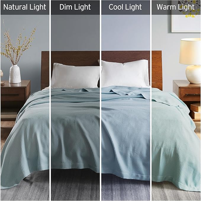 Madison Park Soft Certified 100% Egyptian Cotton Breathable Cozy Blanket, Waffle Knit Classic Design, Luxury All Season Lightweight Cover for Bed, Couch and Sofa, Light Blue Full/Queen(90"x90")