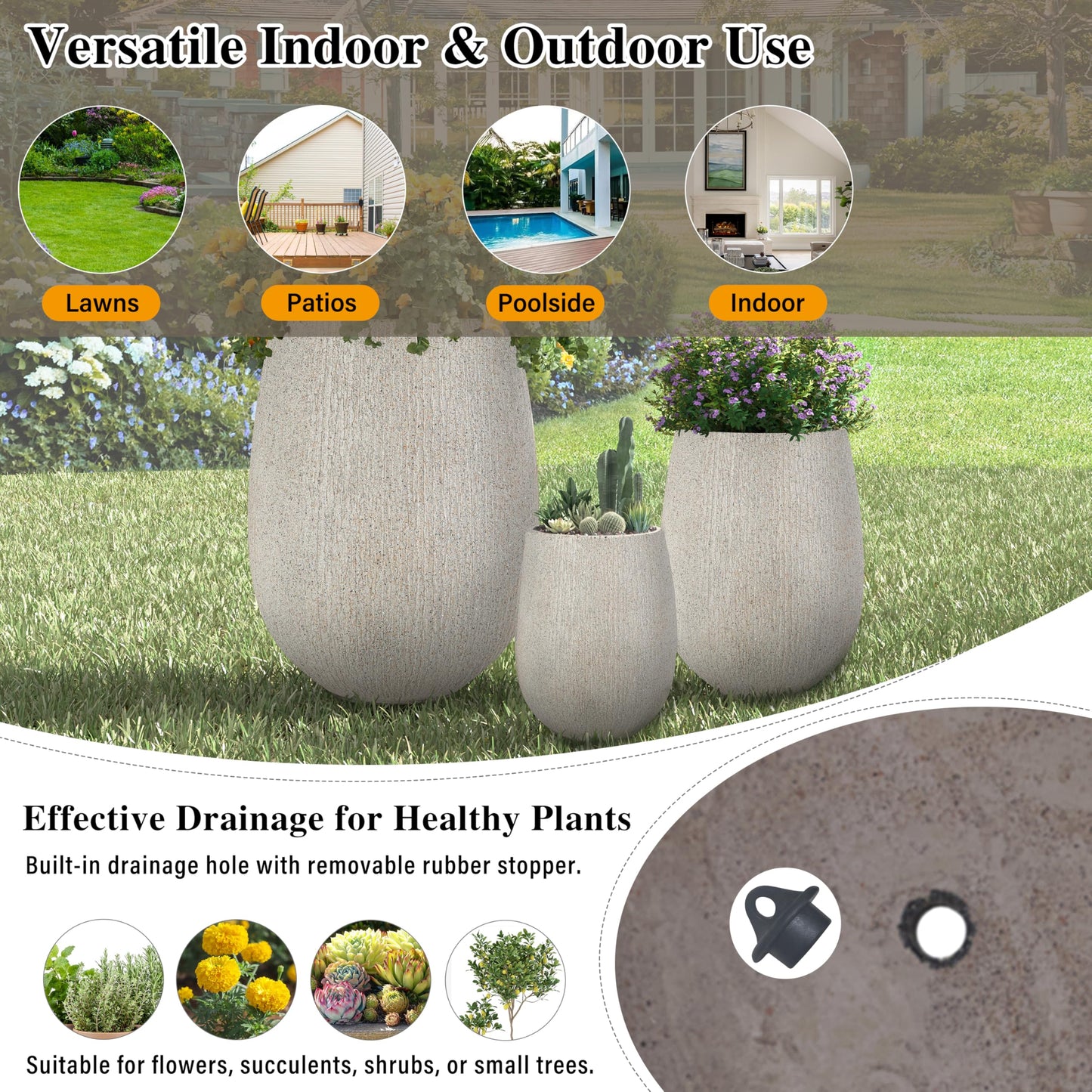Ningering Egg-Shaped Outdoor Planter Set of 3,Modern Stone-Look Textured Flower Pots with Drainage Holes and Rubber Plug, Suitable for Patio, Garden, Poolside & Indoor (Gray)