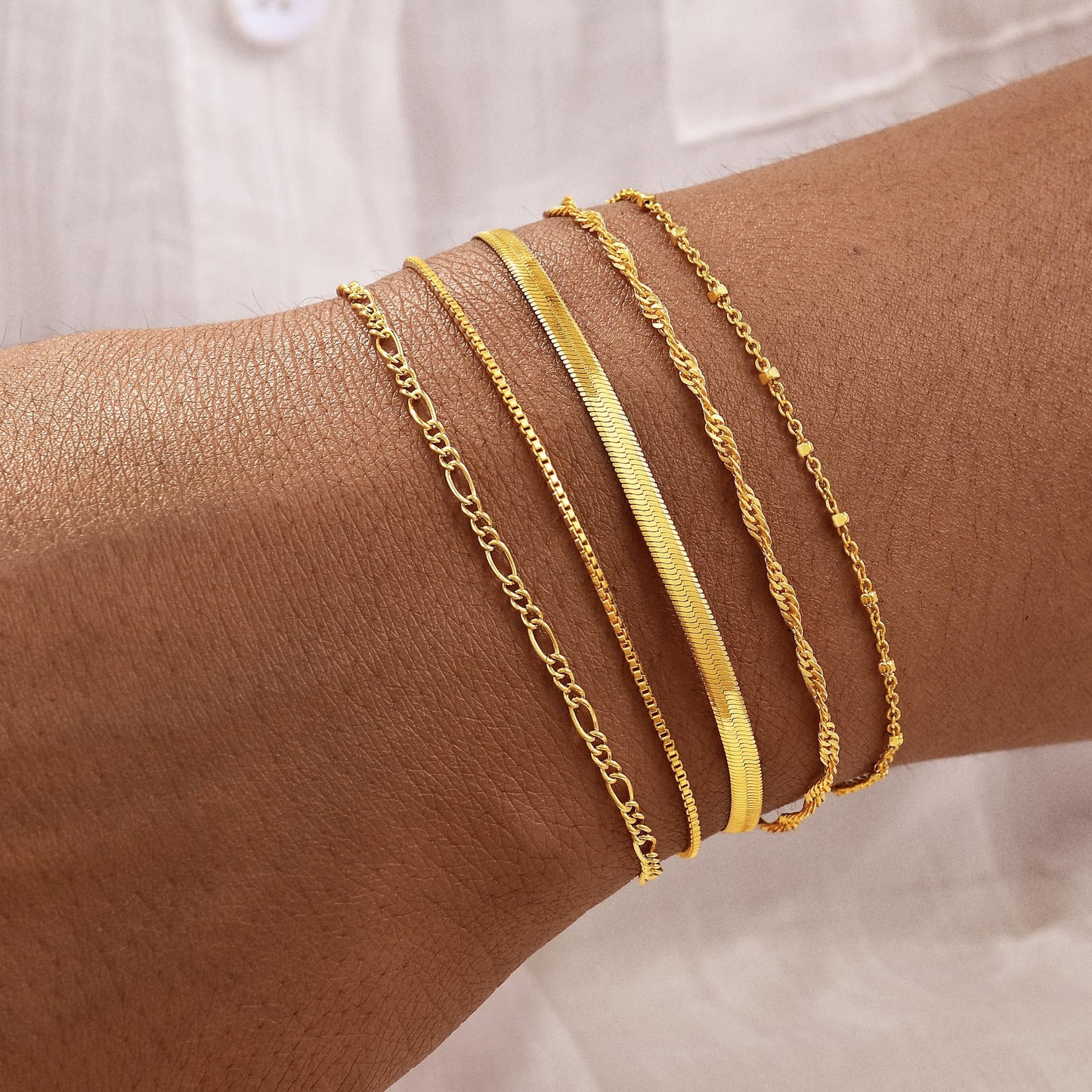 Striviio Gold Bracelets for Women, 14K Gold Plated Stackable Bracelet Stack Set Adjustable Charm Small Square Chain Snake Link Layered Waterproof Jewelry Sets Gifts